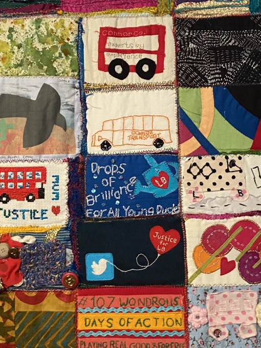 Handful of patches from the quilt, central patch shows a watering can sprinkling ‘drops of brilliance for all young dudes’