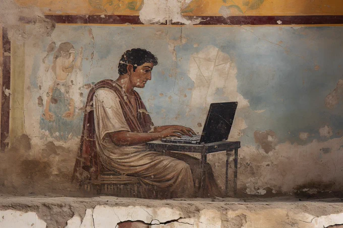 [Ancient Roman fresco] depicting [a man holding a laptop], photograph --ar 3:2