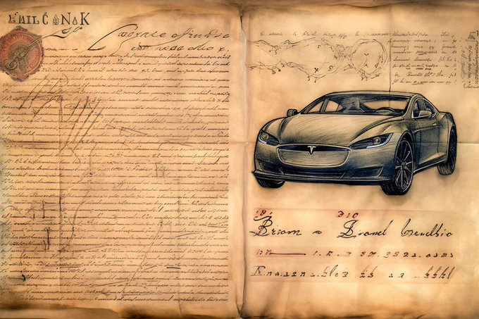 A parchment page depicting [a tesla], medieval illuminated illustration and calligraphic descriptions in gothic script. --ar 3:2