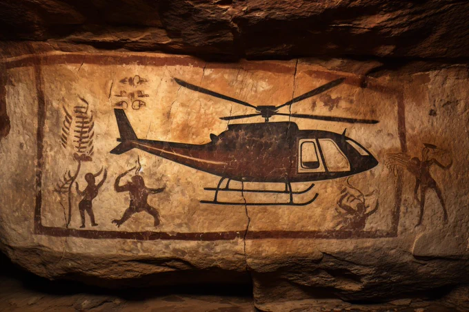 [Cave paintings] depicting [a helicopter], photograph --ar 3:2