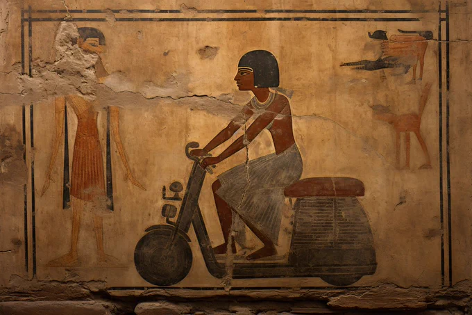 [Ancient Egyptian hieroglyphs] depicting [a pharaoh on a scooter], photograph --ar 3:2