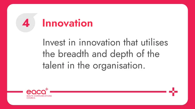 This image shows a white card with rounded corners over a pastel red background. On the card you can see the word "Innovation" in red, next to an EACA Bubble (one of our brand's visual elements) with a 4 in it. Below you can read "Invest in innovation that utilises the breadth and depth of the talent in the organisation". Underneath is the logo of EACA's Health Communications Council, accompanied by a decorative red line that goes from the left margin of the card to the right side, ending in a red cross.