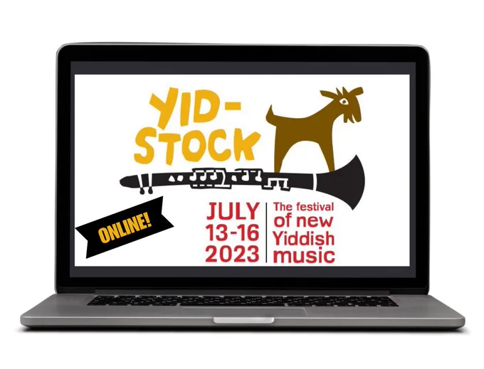 White background with a laptop. On the laptop screen is the Yidstock logo with the dates, July 13–16