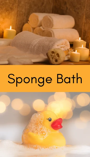 Card with image of towel rolls above the words "Sponge Bath" and a soapy yellow rubber ducky.