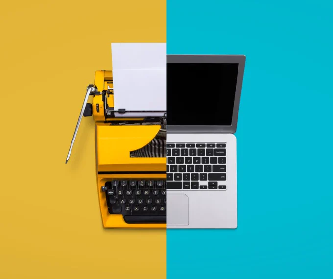 Stock graphic of a yellow typewriter on a yellow background, adjacent to a silver laptop on a blue background, to indicate modernization.