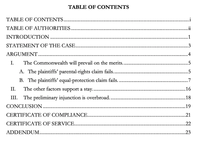 ARGUMENT 
I. The Commonwealth will prevail on the merits.
A. The plaintiffs’ parental-rights claim fails.
B. The plaintiffs’ equal-protection claim fails. 
II. The other factors support a stay. 
III. The preliminary injunction is overbroad.
CONCLUSION 