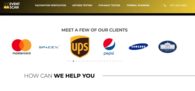 Screenshot from Event Scan's website. Text says "MEET A FEW OF OUR CLIENTS." Below this text, there are logos for Mastercard, SpaceX, UPS, Pepsi, Samsung, and The White House. https://event-scan.us/