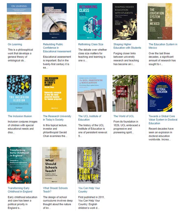 A page displaying the book covers of open access education titles published by UCL Press. 
