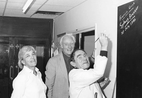 Leslie Barnett, Francis Crick and Sydney at the MRC. (© MRC LMB.)