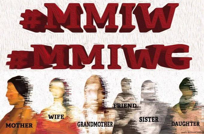 From the top: 

Hashtags #MMIW and #MMIWG with silhouettes of women to signify the many missing and murdered Indigenous women and girls. 

Text at the bottom of the images:

Mother - Wife - Grandmother - Friend - Sister - Daughter