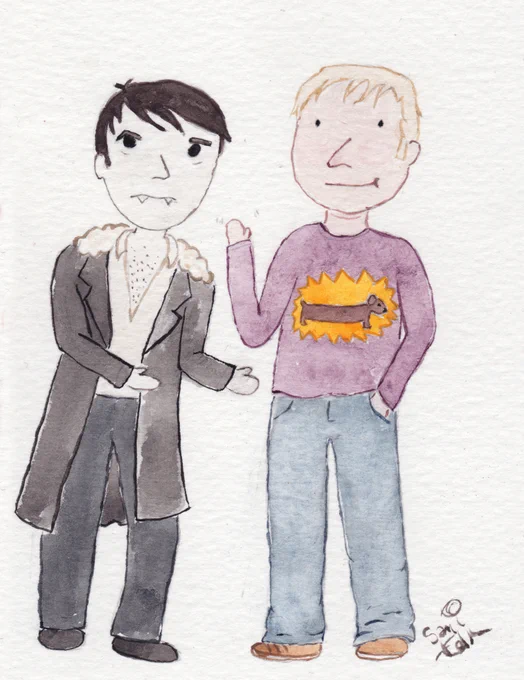 A watercolour illustration of Deacon the vampire and Stu the werewolf from the film What We Do In The Shadows. Deacon is gesturing toward Stu, who is waving politely.