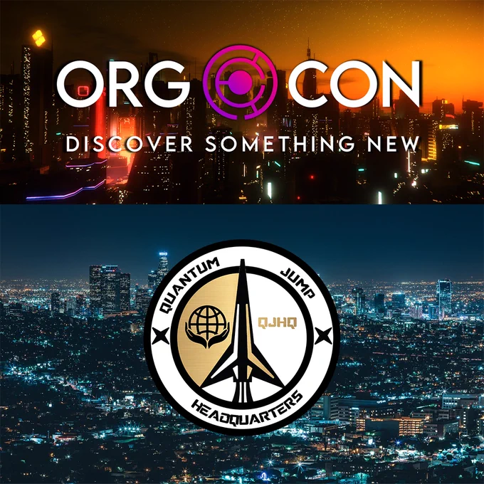 ORGCON logo and Quantum Jump Headquarters logo over nighttime cityscapes