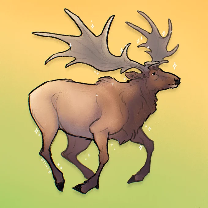 Digital drawing of a Megaloceros bull in a running pose on a yellow-green background.