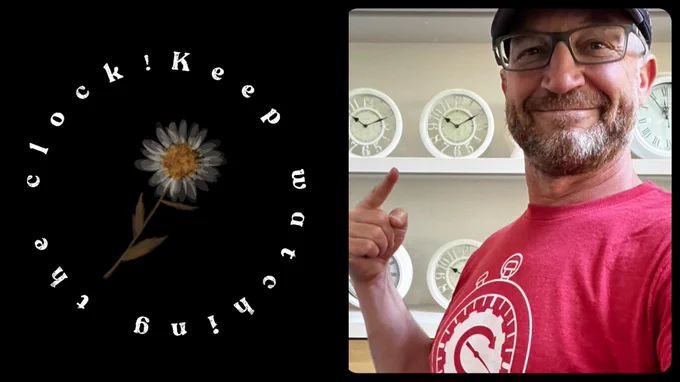 Wearing my new Clockwise t-shirt and found some clocks to pose with.