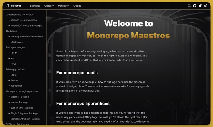 A screenshot of the app I'm building. There is a header navbar, a sidebar with many options for lessons on what it takes to build a monorepo, and a body area that says "Welcome to Monorepo Maestros" that contains some introductory material about my intent on what I'm building.