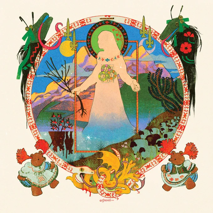 a figure emerging from a lake, against mountain scenery that is flanked by both the sun and moon. A herd of sheep, one of them black, are in the foreground, and some Blajini (RAT PEOPLE) are reflected in the lake, below a shrub of fruit. The piece is bordered in the patterened circle of a sepent, which gobbles a small 7 headed dragon. In the top two corners are goat costumes, and in the bottom are two small bears in dresses with large red ear tassels. 