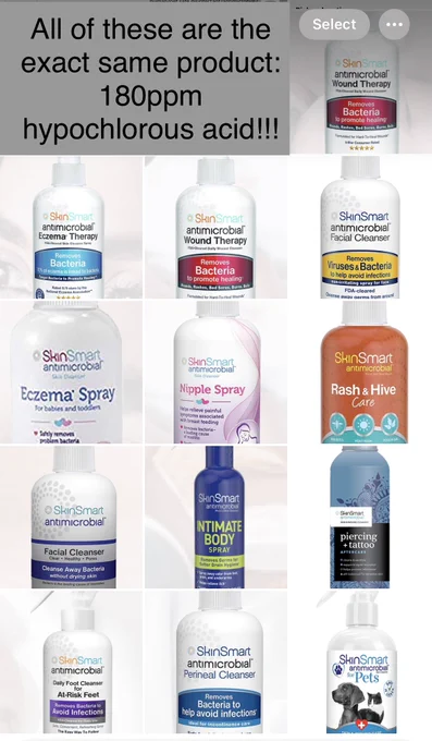 Photo of 13 bottles of hypochlorous acid with different labels on them designating them for different uses including eczema, pet skin issues, rashes & hives, and piercings/tattoos.

Text on photo says: “All of these are the exact same product: 180ppm hypochlorous acid!!!”