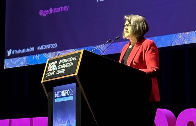 Close up of Ged Kearney at lectern