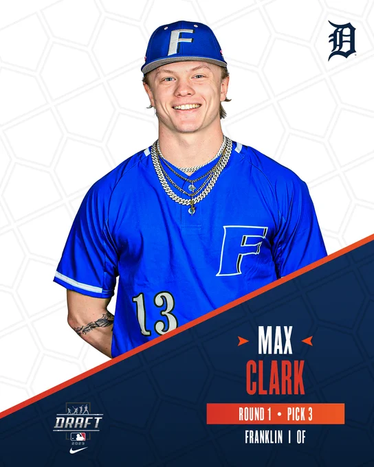 Round 1, Pick 3: Max Clark, Franklin (IN), outfielder. Photo cutout of Clark on home plate-patterned white and blue background.