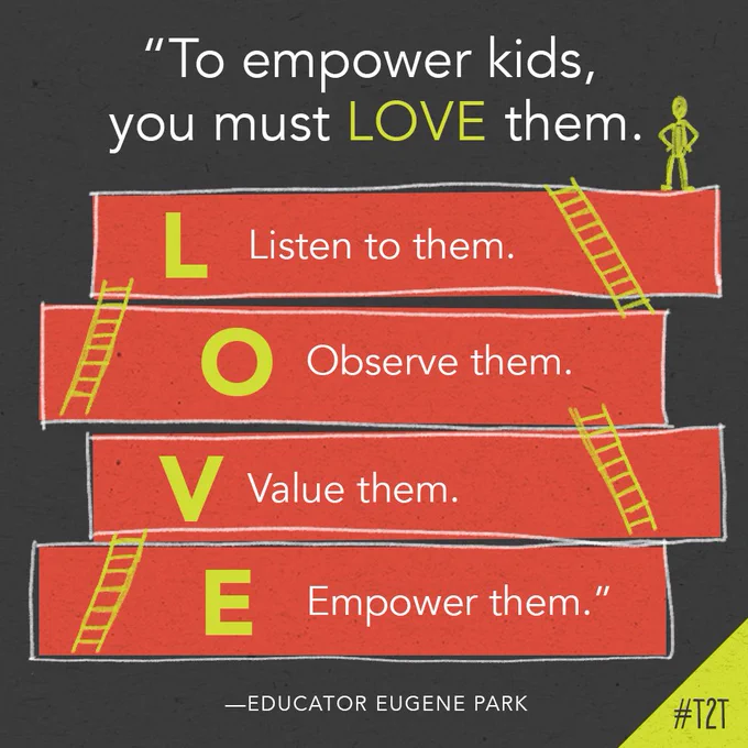 "To empower kids, you must LOVE them. L - Listen to them. O - Observe them. V - Value them. E - Empower them." – Educator Eugene Park