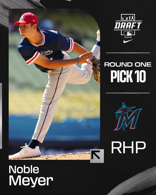 2023 MLB Draft, Presented by Nike.
Round One, Pick 10
Miami Marlins
Noble Meyer, RHP
Pictured: Meyer delivers a pitch. He is wearing a navy blue jersey and a red cap.