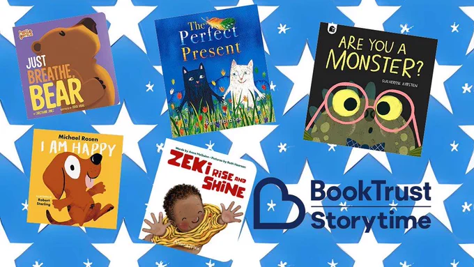 The five BookTrust 2024 Storytime Shortlisted books on a blue and white starry background with the BookTrust logo in the bottom right.