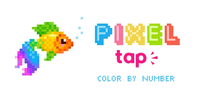 The pixel tap colour by number logo, with those words in a pixelated font (except tap, which is a normal font) and a pixel art fish - in rainbow colours.