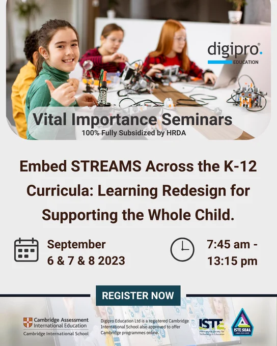 This expert professional development seminar provides school leaders and curriculum coordinators with the latest technology-enhanced pedagogical approaches to successfully embed STREAMS processes across the K-12 curricula. 

Seminar attendees will have the opportunity to get hands-on with state-of-the-art technology recourses, apps (EdTech), and robust pedagogical instruction that promotes and supports effective cross-curricular activities that integrate Science, Technology, Reading/ Writing, Engineering, Arts, Mathematics, and Social Sciences into the curriculum. Innovation should create value. 

The undeniable value of this highly innovative seminar is to establish interdepartmental teacher collaboration and departmental alignments, so every teacher in the school will abandon the teaching in silos pedagogical approach and be working towards the seamless integration of the STREAMS processes as a school-wide strategy and approach.

