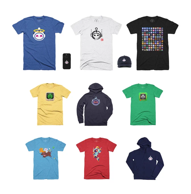 Various Apollo merch designs, from t-shirts, to phone cases, to hats, to hoodies, all showing various popular Apollo icon designs from over the years, including one that shows over 100 in a grid.