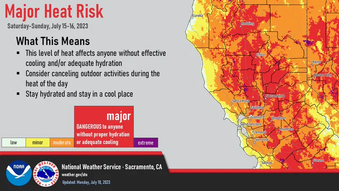 Dangerous Heat Risk Saturday July 15 -  Sunday July 16, 2022. A map of Northern California shows widespread major Heat Risk for the Northern Sacramento Valley and foothills. Major Heat Risk: High risk of heat-related illness for much of the population without protective action. What this means: Heat like this happens a few times a year; the majority of the population is at risk; limited overnight cooling; take extra precautions to stay cool and hydrated. 