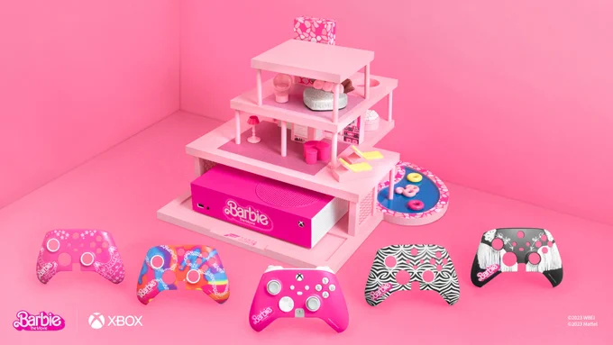Photo of custom Barbie-themed Xbox Series S that has been built into the glamorous Barbie Dreamhouse with interchangeable Xbox Wireless Controller faceplates ​designed after Barbie and Ken’s distinct Barbie the Movie outfits. The lower thirds contains the logos for Barbie The Movie and Xbox in the left corner.