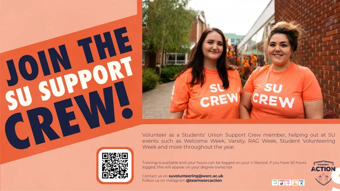 The image is orange with navy and white text. In the right hand corner, there is a photo of two students in SU crew shirts smiling. In bold text it reads ‘Join the SU support crew!.