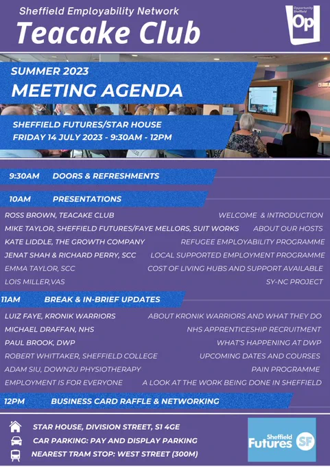 Meeting agenda for the Summer Teacake Club session taking place on Friday 14th July. Doors open 9.30am, presentations from 10am, 11am break, and 12pm raffle and networking.