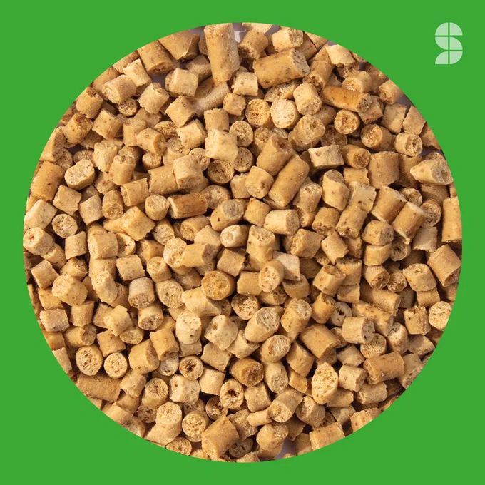Close up image of pellets of Solinatra Universal material on a green background