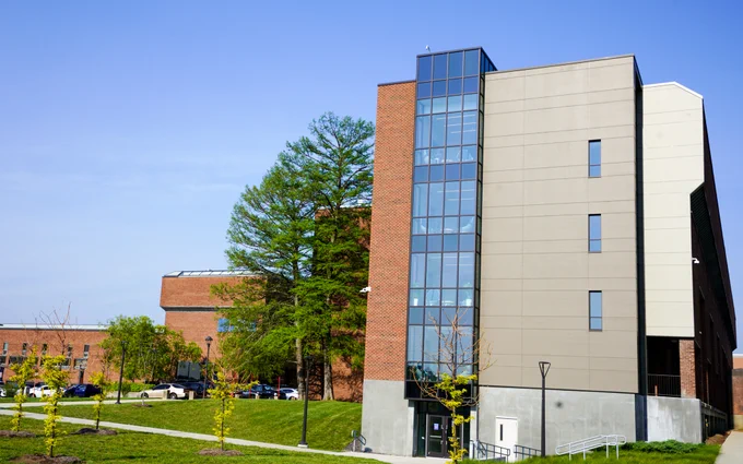 A photo of a windowed end cap of a building at STLCC-Forest Park.