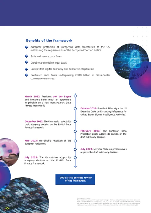 Second page of the factsheet describing the benefits of the EU-US Data Privacy Framework:

• Adequate protection of Europeans’ data transferred to the US,
addressing the requirements of the European Court of Justice
• Safe and secure data flows
• Durable and reliable legal basis
• Competitive digital economy and economic cooperation
• Continued data flows underpinning €900 billion in cross-border
commerce every year