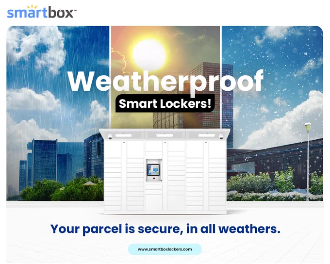 Smart locker in different weather conditions with text 'Weatherproof Smart Lockers - Your Parcel is secure, in all weathers
