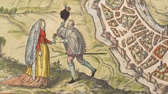 Hand-coloured illustration of a 17th-century man and woman courting. It comes from a view of Verona in the Civitates orbis terrarum, an opulent atlas of the world's cities, printed around 1600-1623. 