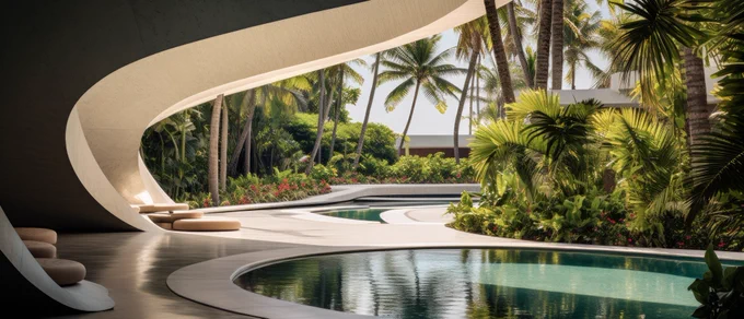 award winning architectural photography: close up of the incline to the entrance of an opulent spacious new contemporary minimalist villa located in maldives blended with a lush tropical garden, billionaire, brutalist modern, in the style of futuristic curves:: --ar 21:9