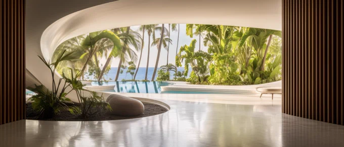 Third image as reference   award winning architectural photography: entrance nook overlooking the ocean in an an opulent spacious new contemporary minimalist villa located in maldives blended with a lush tropical garden, billionaire, brutalist modern, in the style of futuristic curves --ar 21:9