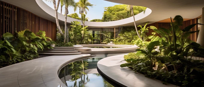 Third image as reference  

award winning architectural photography: entrance pathway with a curved pond and landscape in an an opulent spacious new contemporary minimalist villa located in maldives blended with a lush tropical garden, billionaire, brutalist modern, in the style of futuristic curves --ar 21:9