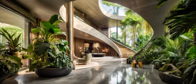 award winning architectural photography: opulent spacious new contemporary minimalist villa entrance hall located in maldives blended with a lush tropical garden, billionaire, brutalist modern, in the style of futuristic curves:: award winning architectural photography: double height huge entrance hall, billionaire, brutalist modern, hyperealistic --ar 21:9