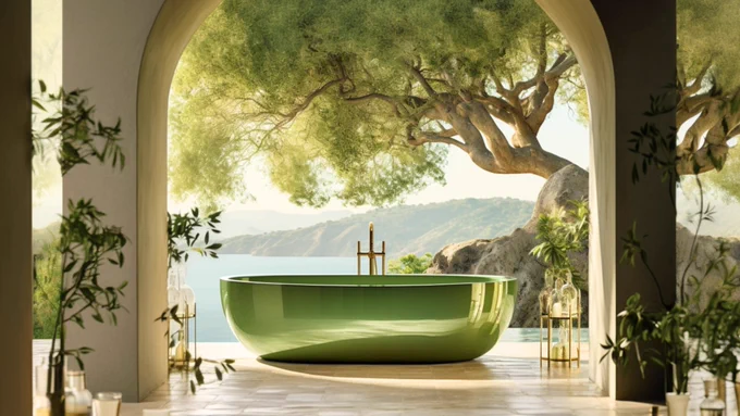 a green shiny bathtub in a courtyard villa, under a cream arched wall, behind water, coastal scenery, minimalist sculptor, bold colour blends soft daylight --ar 16:9 --upbeta --s 750 --style raw