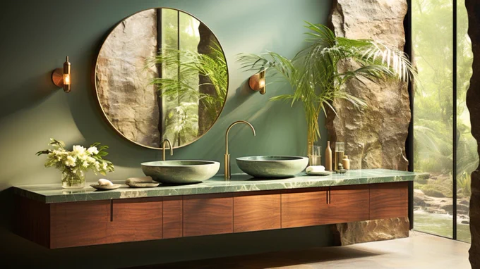 close up shot of basin with mirror, green curved wall, earthy, ocean style, minimalist setting, natural lighting --ar 16:9 --upbeta --s 750 --style raw