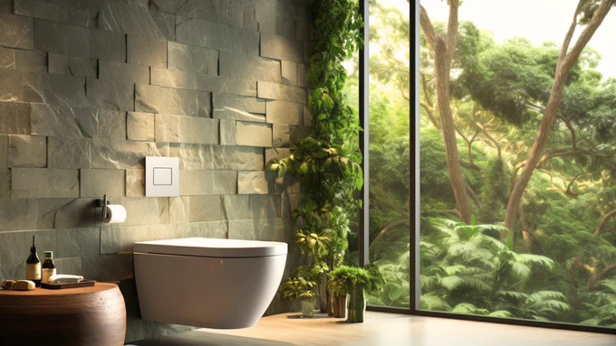 s.mj.run/ugehxBLMJhs toilet, deep green curved wall, curved trees, tulum, minimalist setting, natural lighting --ar 16:9 --iw 2 --upbeta --s 750 --style raw