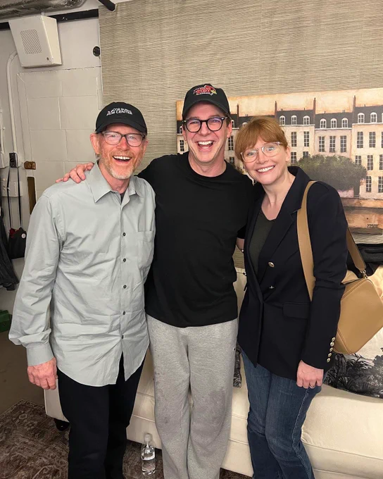 Backstage, Ron Howard (left) and BDH (right) celebrate Sean Hayes (middle) after a fantastic performance with a photo together.