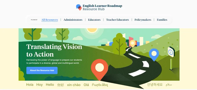 Image of the EL Roadmap Resource Hub web page showing a picture of a road going through hills and ending in a pin. The words" Translating Vision to Action" are at the forefront and it includes links to "all resources," "administrators," "educators," "teacher educators," policymakers," and "families." 