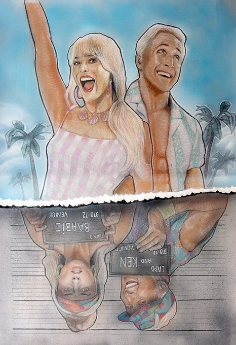 "Barbie 2-in-1" Medium: Acrylic paints and colored pencil on gessoed board. Size: A3. Year: 2023.