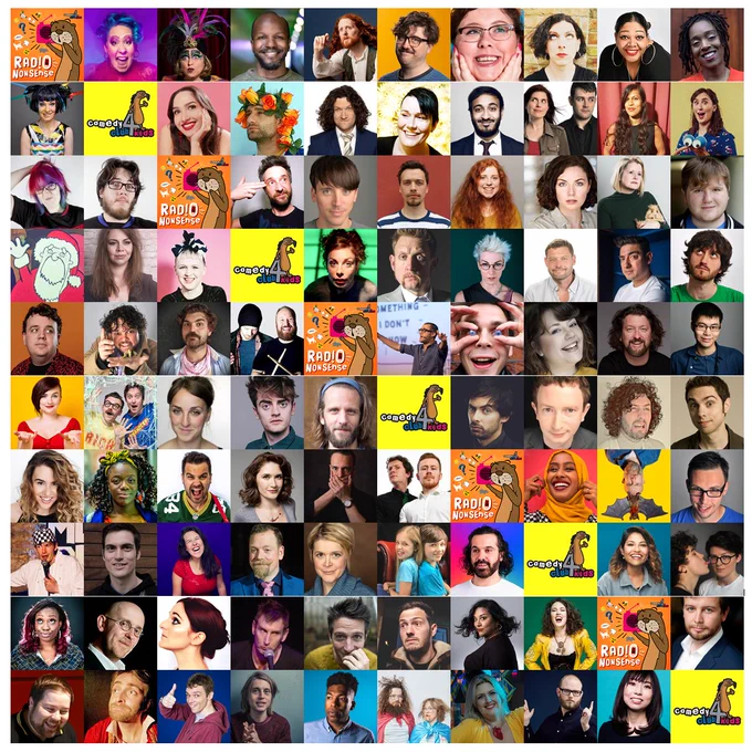 grid of 100 comics faces & our logos