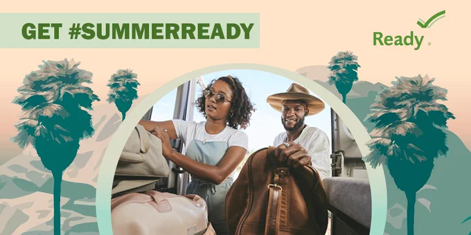A man and a woman wearing sunglaases and a hat, they have packed bags inside a car. "Get #SummerReady"
